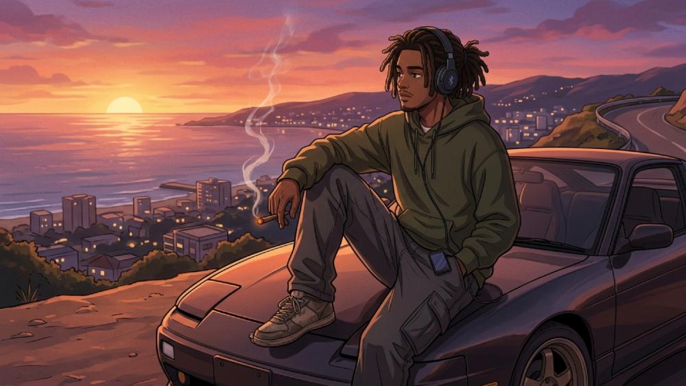 Sunset Cruise Lofi Anime Vibes Over Coastal City Lights wallpaper