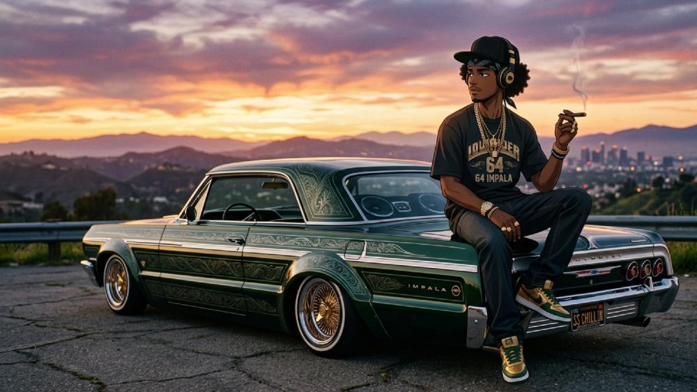 Sunset Lofi Cruise with Afro Anime Man and Classic Muscle Car wallpaper
