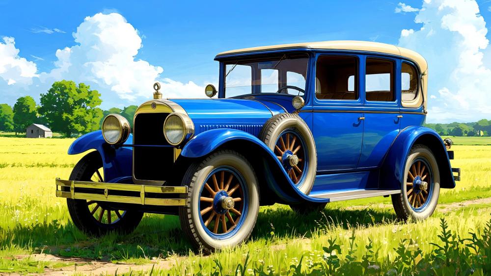 Sunlit Vintage Blue Sedan in Anime Countryside wallpaper