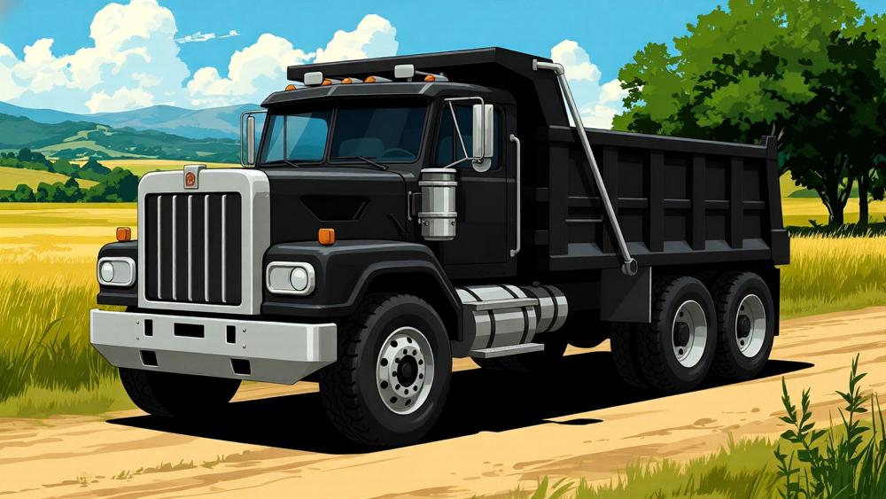 Anime Dump Truck Rolling Through Sunny Countryside Road wallpaper