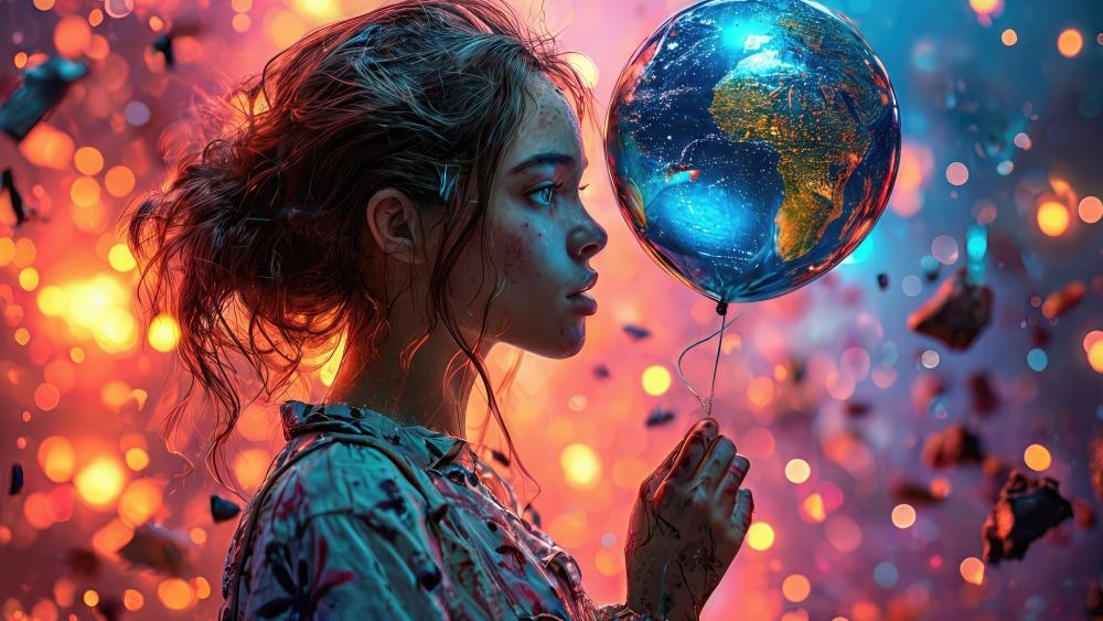 Dreamlike Portrait of a Young Girl Holding an Earth Balloon wallpaper