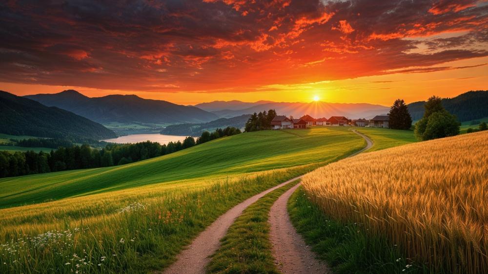 Golden Afterglow Over Rolling Summer Hills and Quiet Farmsteads wallpaper
