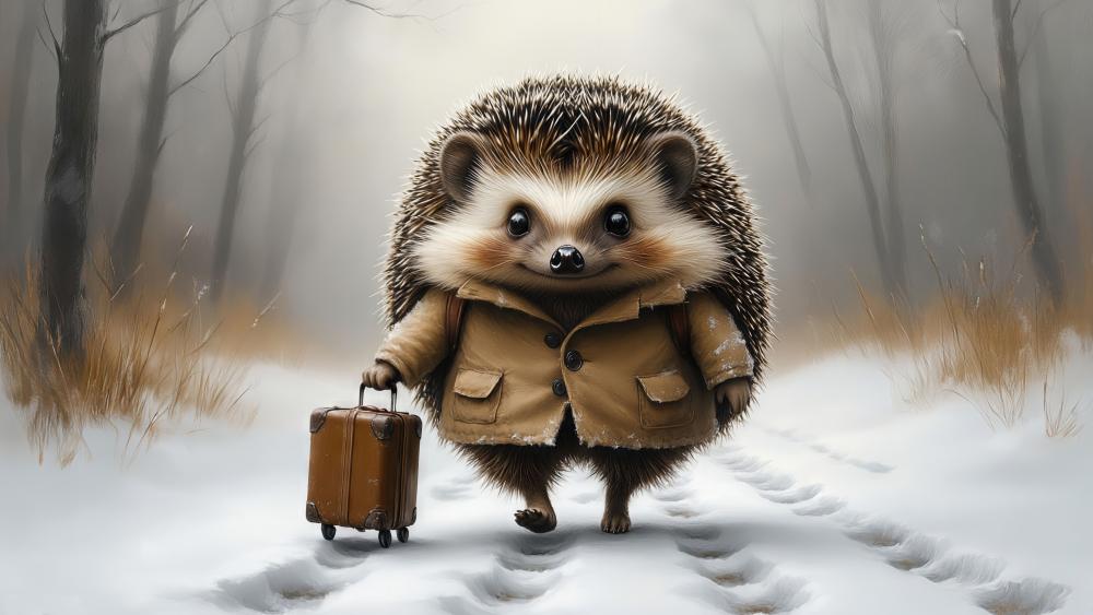 Tiny Hedgehog Traveler in a Snowy Fairytale Forest wallpaper