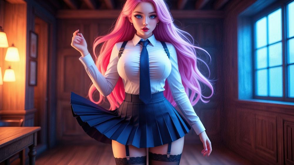 Pink Haired Schoolgirl in Moonlit Hallway Anime Wallpaper wallpaper