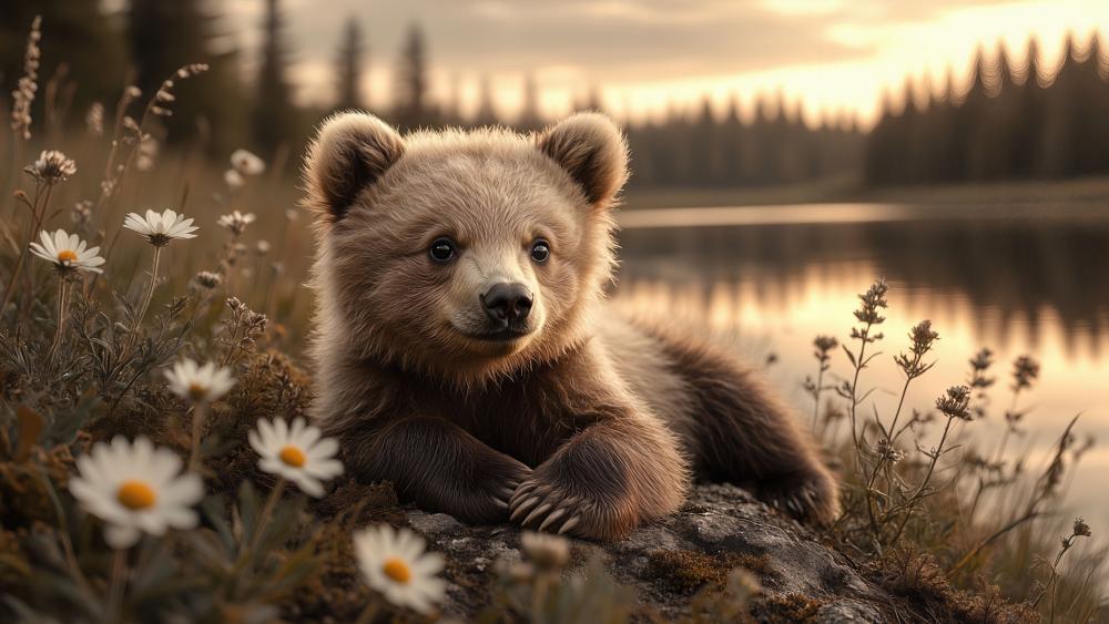 Fluffy Bear Cub by the Lake at Golden Hour wallpaper