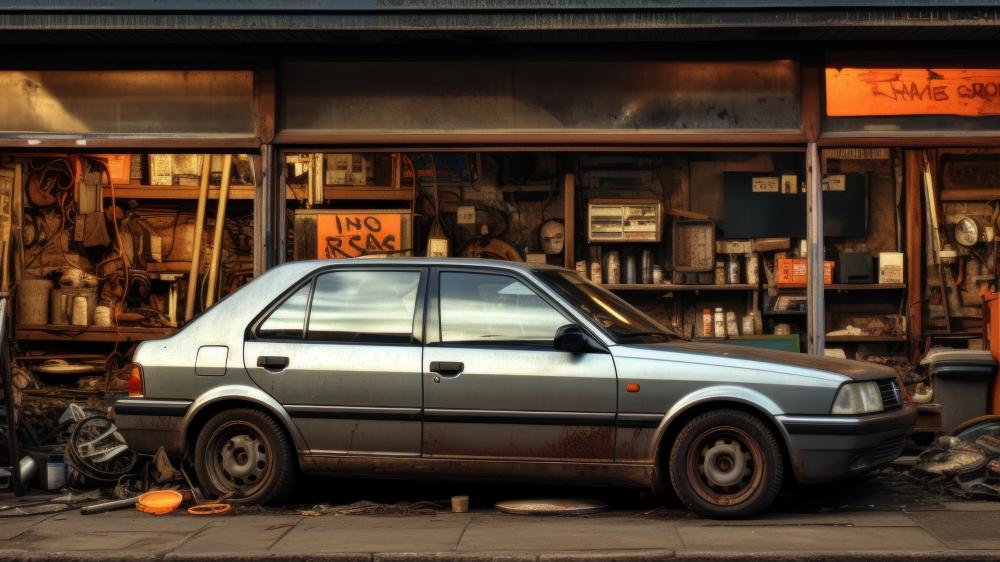 Retro Oldtimer Sedan Resting in a Gritty Garage Workshop wallpaper
