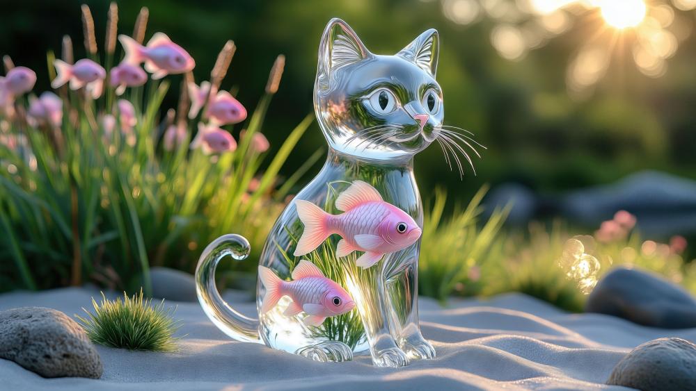Glass Cat Guardian Holding Two Pink Fish in Sunlit Garden wallpaper