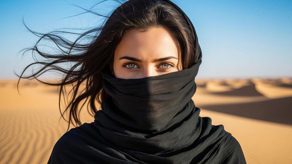 Windblown Desert Beauty with Veiled Face and Intense Gaze wallpaper