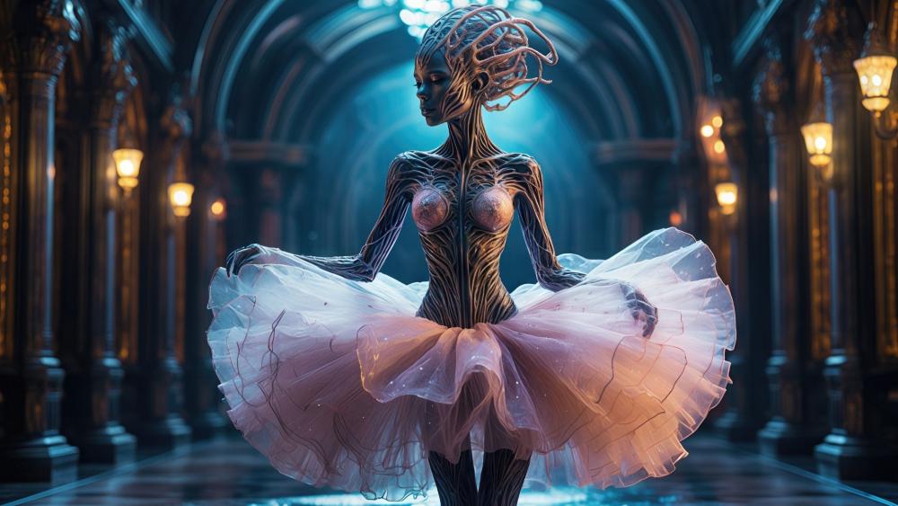 Eerie Clockwork Ballerina in a Moonlit Cathedral Hall wallpaper