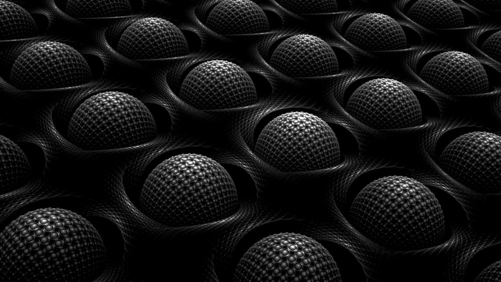 Monochrome Spheres Rising Through a Futuristic Geometric Grid wallpaper