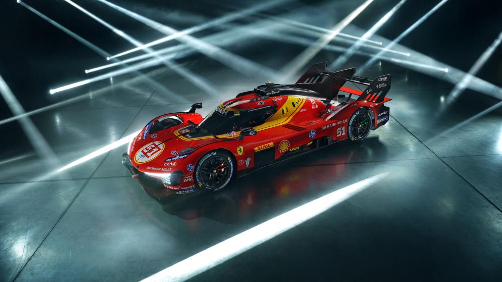 Ferrari Hypercar Under Neon Track Lights 8K Racing Wallpaper wallpaper