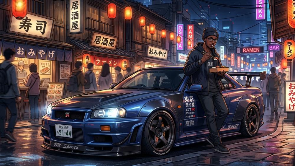 Neon Ramen Night With Nissan Skyline GT-R R34 In Anime City wallpaper