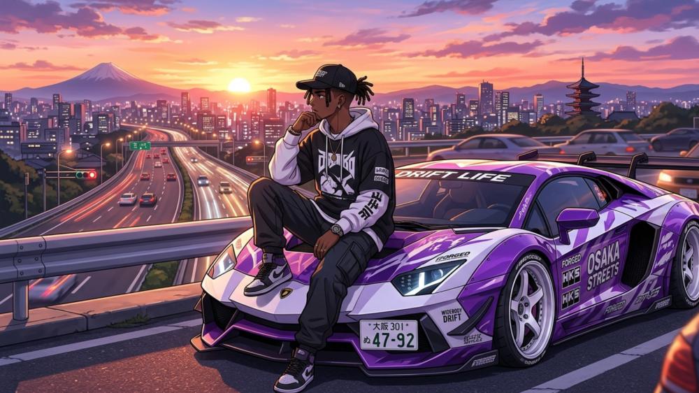 Sunset Drift Dreams with a Purple Lamborghini in Anime Cityscape wallpaper