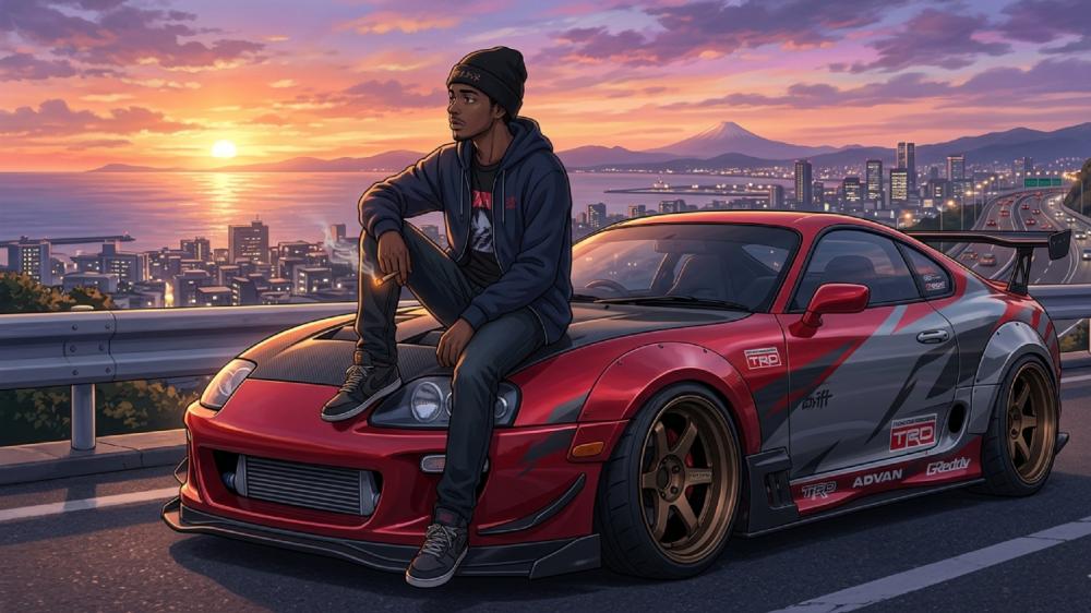 Sunset JDM Dreams with an Anime Toyota Supra wallpaper