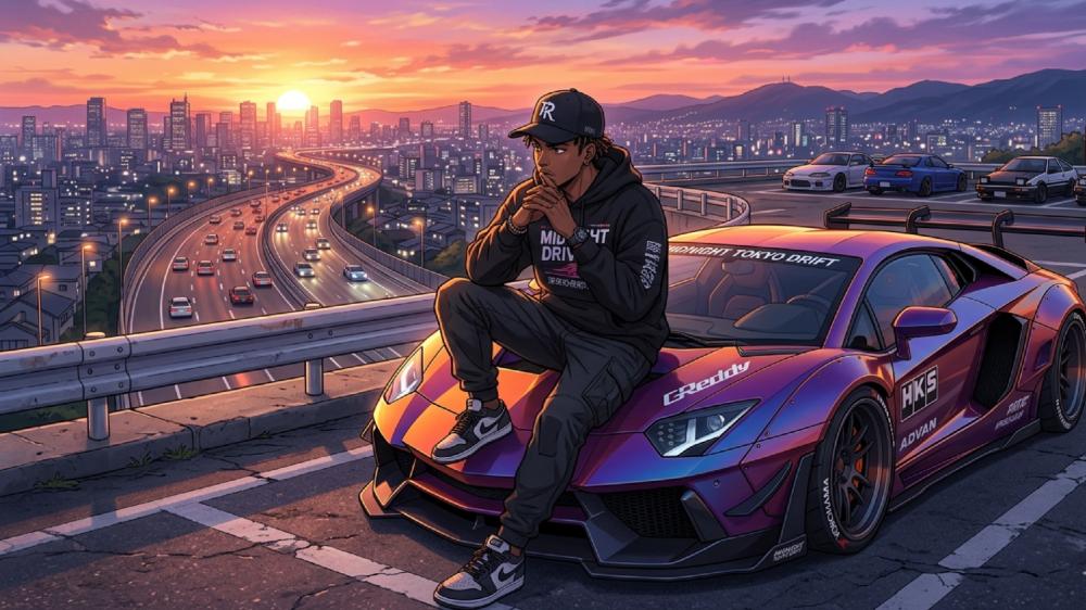 Lo Fi Sunset Cruise Anime Lamborghini Aventador Streetwear Vibes wallpaper