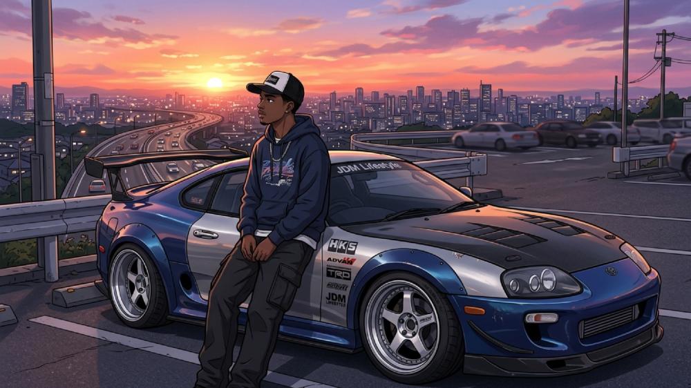 Sunset Lofi Drive Anime Guy and Toyota Supra Chill wallpaper