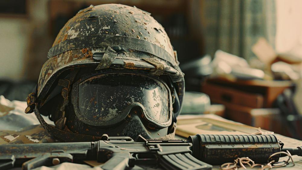 Battle Worn Tactical Helmet Resting Beside Muddy Rifle wallpaper