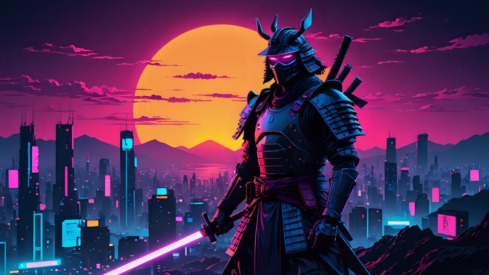 Neon Ronin Sentinel Watching the Sunset Megacity Skyline wallpaper