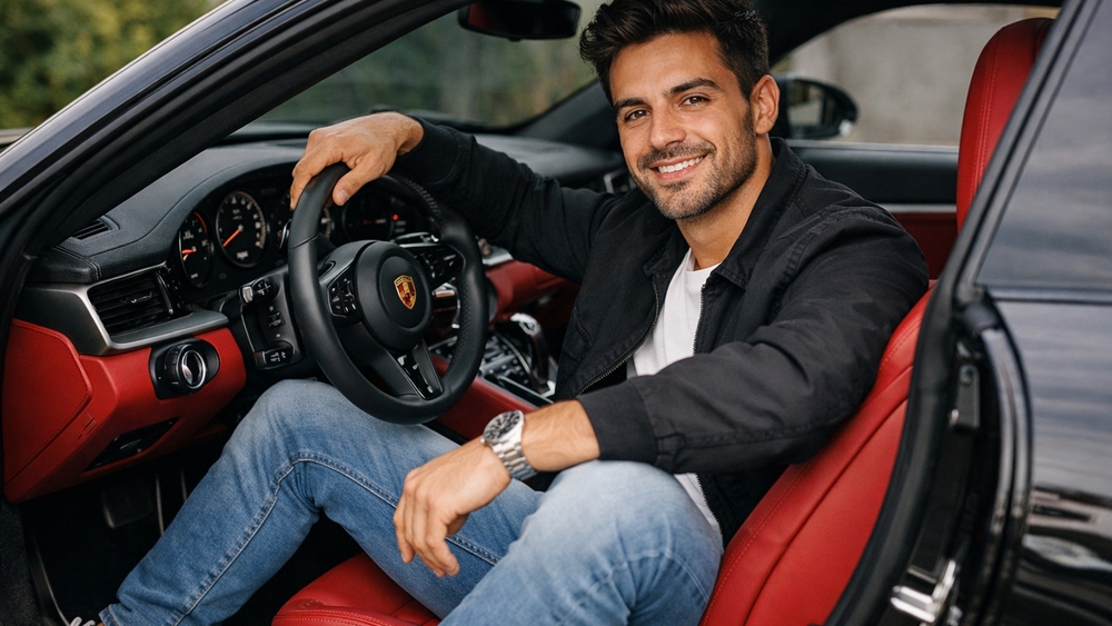 Confident Driver in Luxury Sports Car Interior Lifestyle Wallpaper wallpaper