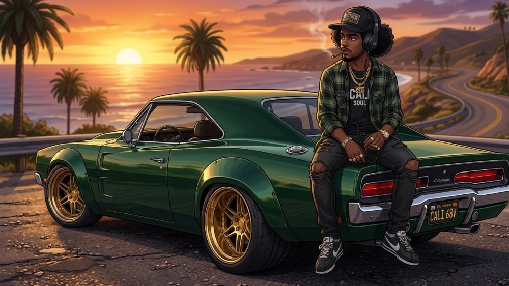 LoFi Sunset Cruise With Anime Muscle Car And Afro Driver Vibes wallpaper