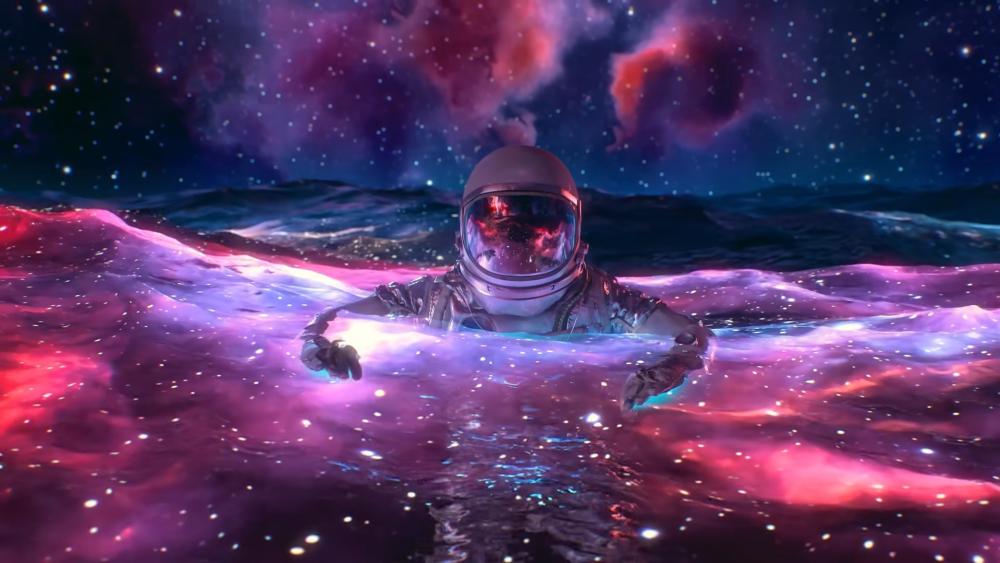 Astronaut Drifting Through Neon Cosmic Seas Beneath a Starry Sky wallpaper