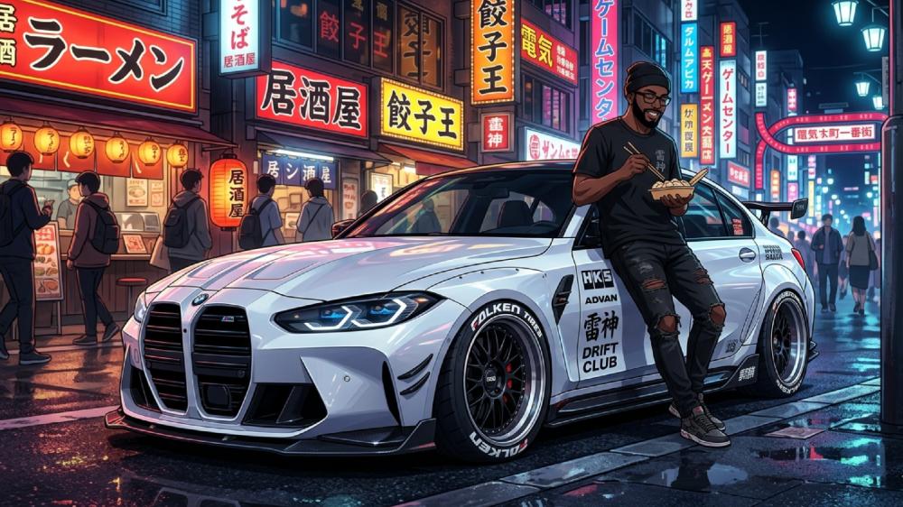 Neon Ramen Nights With an Anime BMW Street Racer wallpaper