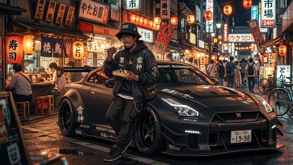 Neon Street Bites With Afro Driver and Nissan GT R R35 wallpaper