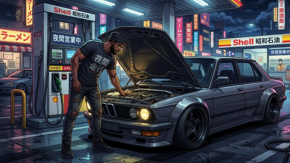 Midnight Tune Up at Neon Gas Station with Classic BMW wallpaper