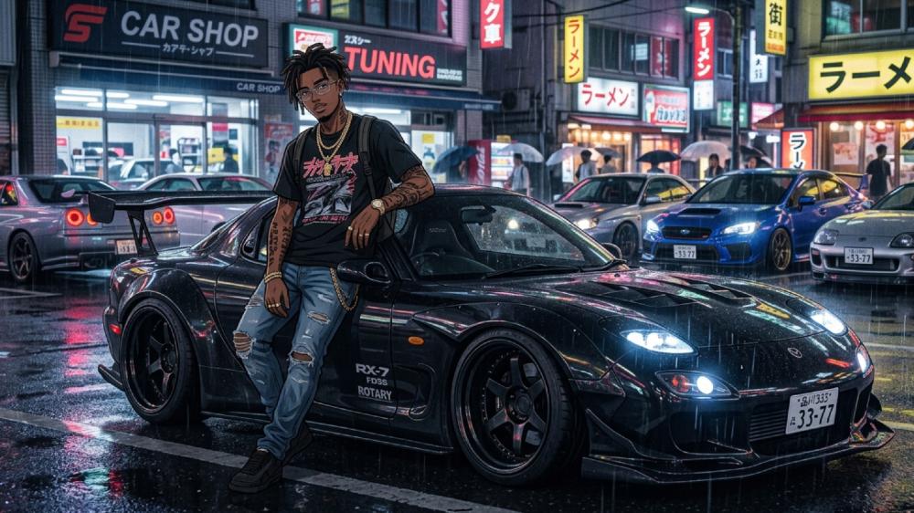 Neon Rainy Night Tuning District With Afro Street Racer Vibes wallpaper