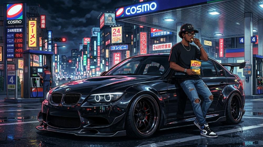 Neon Midnight Pit Stop With Afro Style And BMW Power wallpaper