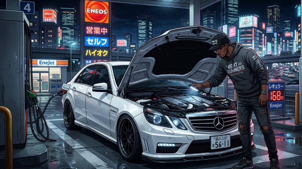 Neon City Pit Stop Afro Mechanic and Mercedes Benz Power wallpaper