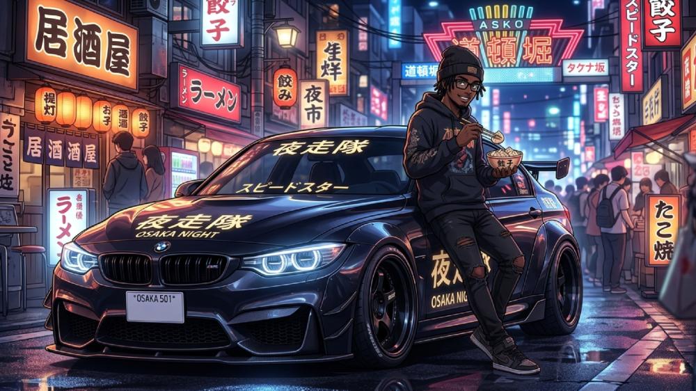 Neon Osaka Night Ride With Anime BMW And Street Food Break wallpaper