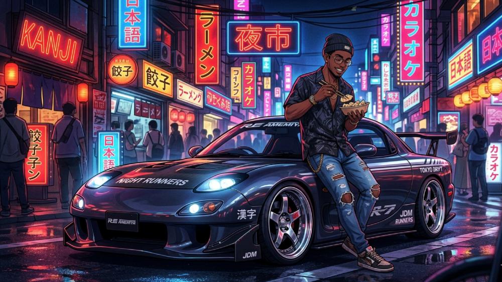 Neon Tokyo Nights with Mazda RX-7 and Street Style Anime Mood wallpaper