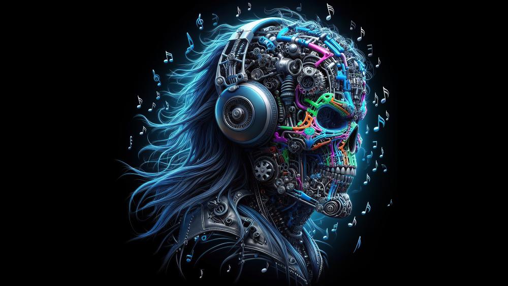 Neon Cyber Skull in Headphones for Dark Music Lovers wallpaper
