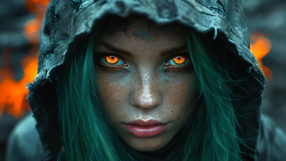 Hooded Sorceress with Burning Orange Eyes and Freckled Resolve wallpaper
