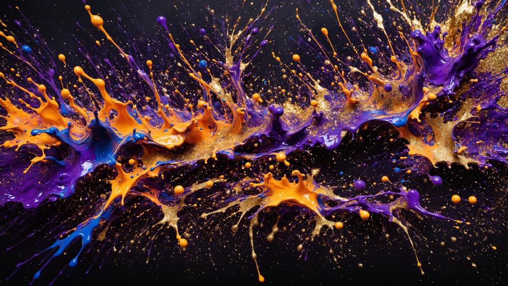 Cosmic Liquid Splash in Violet Gold and Electric Blue 4K wallpaper
