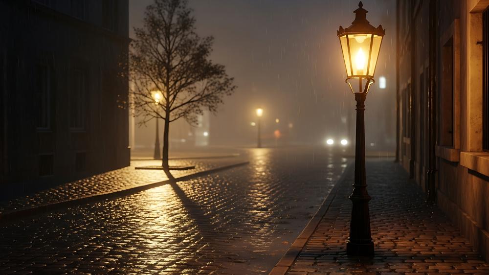 Rainy Night Glow on Cobblestone City Street Lights wallpaper