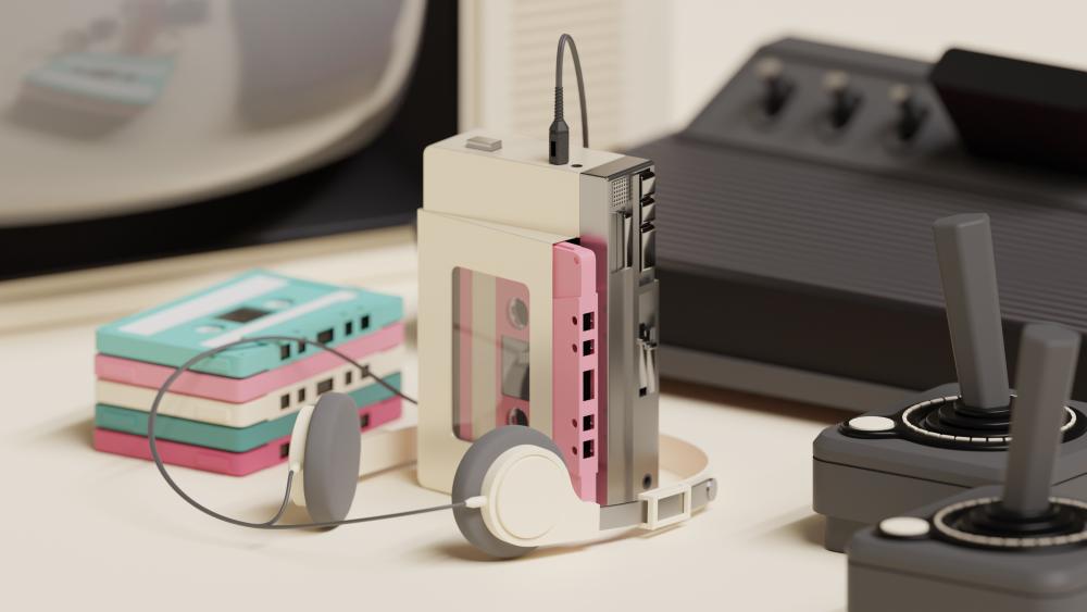 Retrofuturistic Walkman Gadget Scene in Soft Plastic 4K wallpaper