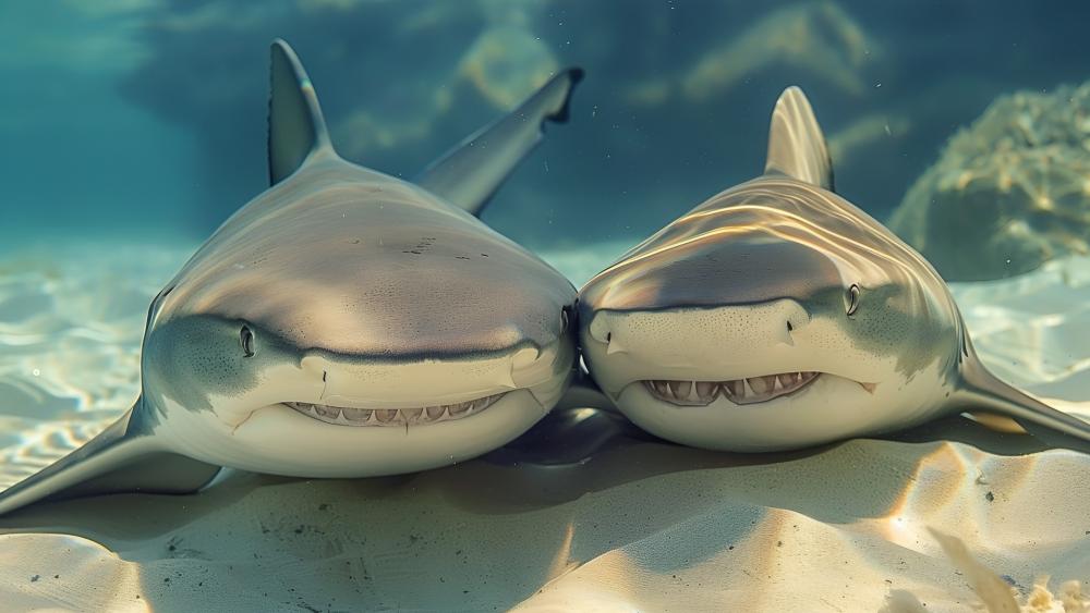 Sunlit Shark Duo Resting on Sandy Seafloor wallpaper