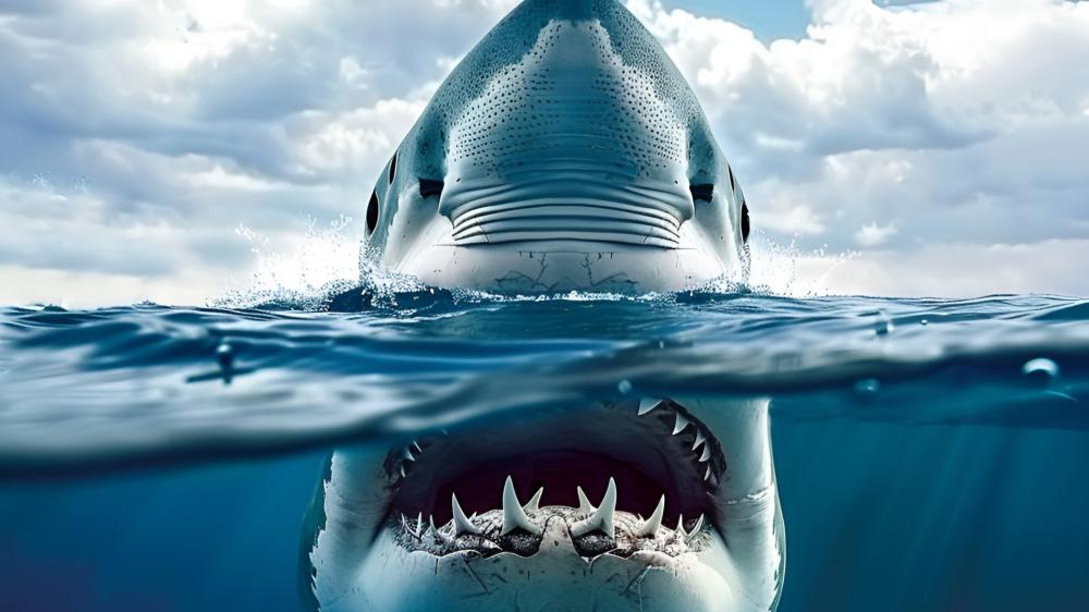 Great White Shark Rising Through Ocean Surface in Dramatic AI Art wallpaper