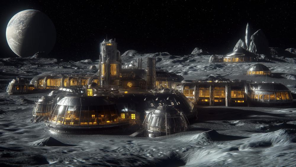 Gilded Moon Colony Under Distant Planetlight in Deep Space wallpaper