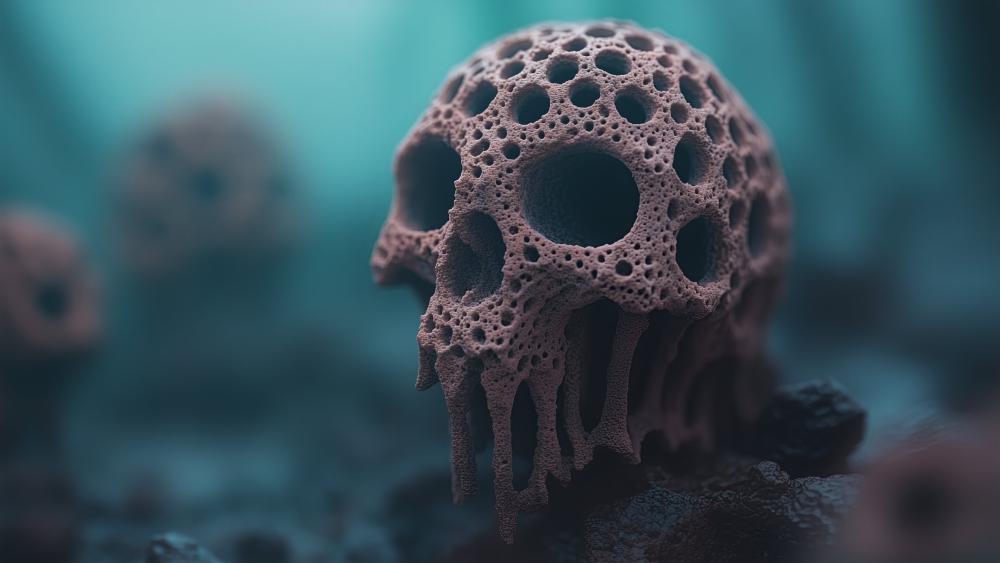 Porous Skull Relic in Dreamy Teal Depths 5K Abstract AI Art wallpaper