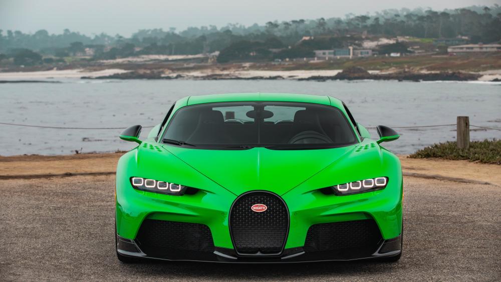 Neon Green Bugatti Chiron Facing the Coast in Crisp 5K wallpaper