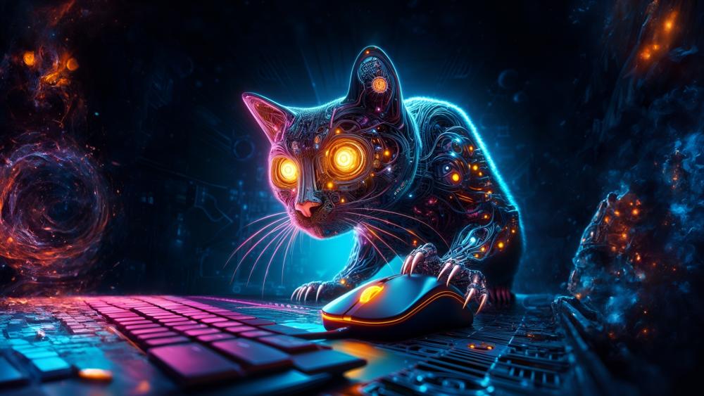 Neon Circuit Cat in a Techno Fantasy Cyberpunk Void wallpaper