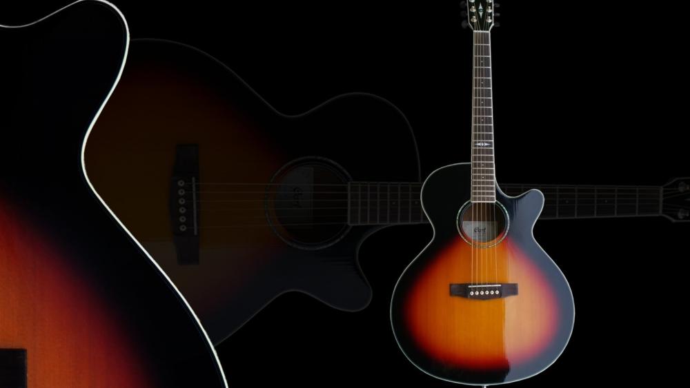 Sunburst Acoustic Guitar Glow on Deep Black Stage wallpaper