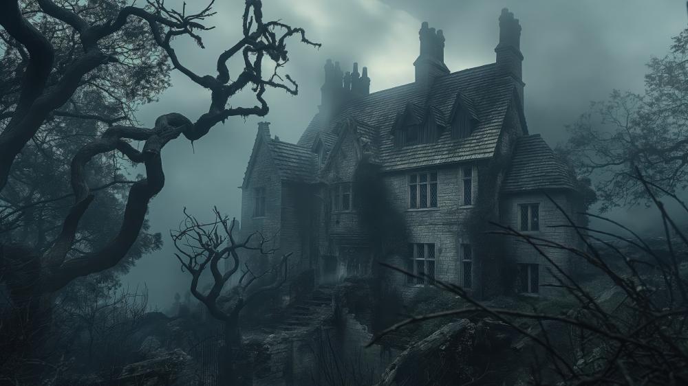 Gothic Haunted Mansion in Misty Fog Under a Bleak Moonlit Sky wallpaper