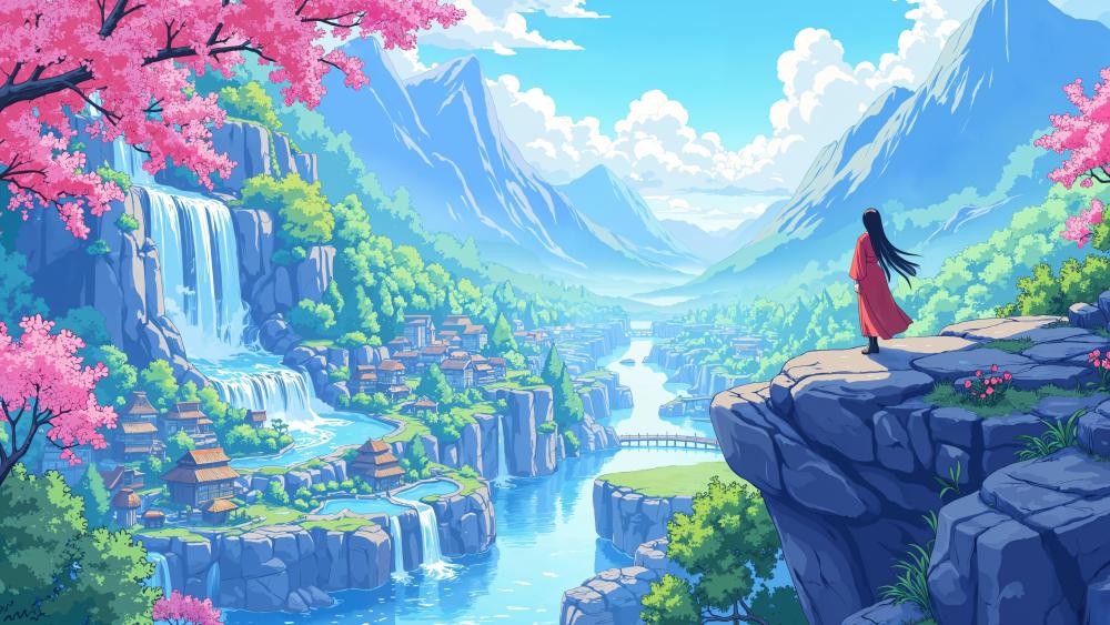 woman-red-dress-overlooking-beautiful-scenic-landscape wallpaper