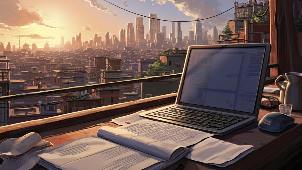 Lo Fi Anime Office Desk Overlooking a Golden City Skyline wallpaper