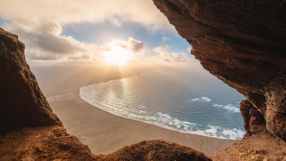 View of sea at peak of mountain wallpaper