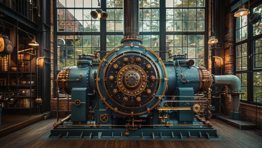 Industrial Steam Engine Majesty in a Sunlit Brick Workshop wallpaper